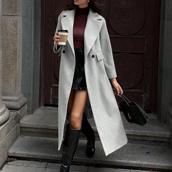 Light Grey Casual Women's Lapel Long Coat - Picture 2 of 8